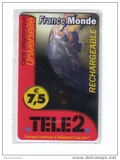 CARTE TELEPHONIQUE TELE 2 - FRANCE MONDE 7.5 EUR - SOUS BLISTER - Lots - Collections