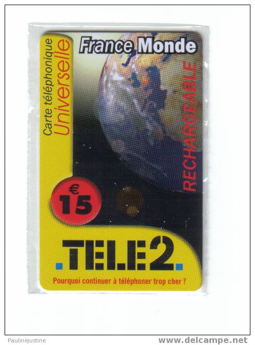 CARTE TELEPHONIQUE TELE 2 - FRANCE MONDE 15 EUR - SOUS BLISTER - Collections