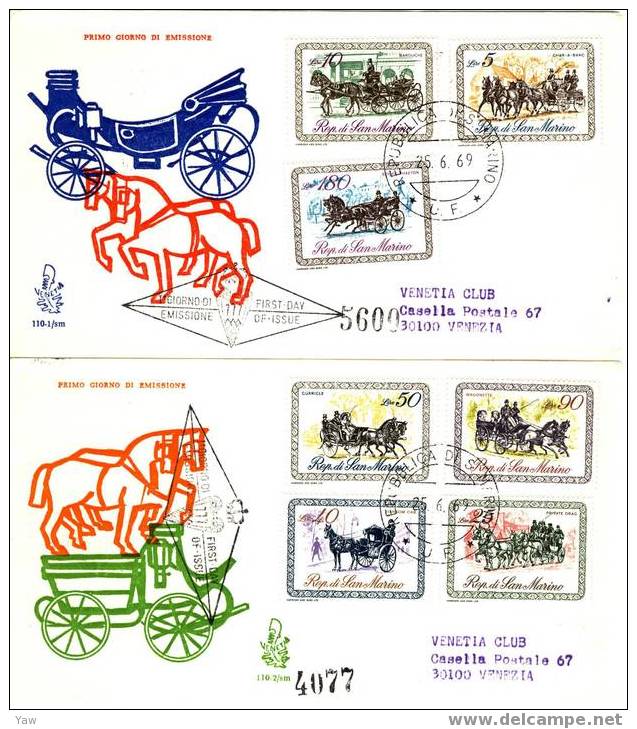 SAN MARINO 1969 FDC "VENETIA"  CARROZZE DELL´800, CARRIAGES X 2 . VIAGGIATE - Diligences