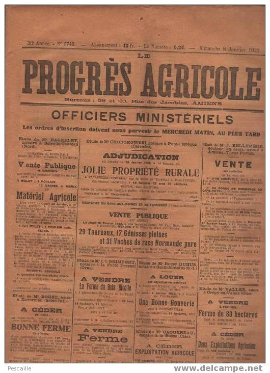 LE PROGRES AGRICOLE 8 JANVIER 1922 - PETITES ANNONCES - PUBLICITES - ASSURANCES - TEINTURE PEAUX - VIGNE - CUISINE ... - Allgemeine Literatur