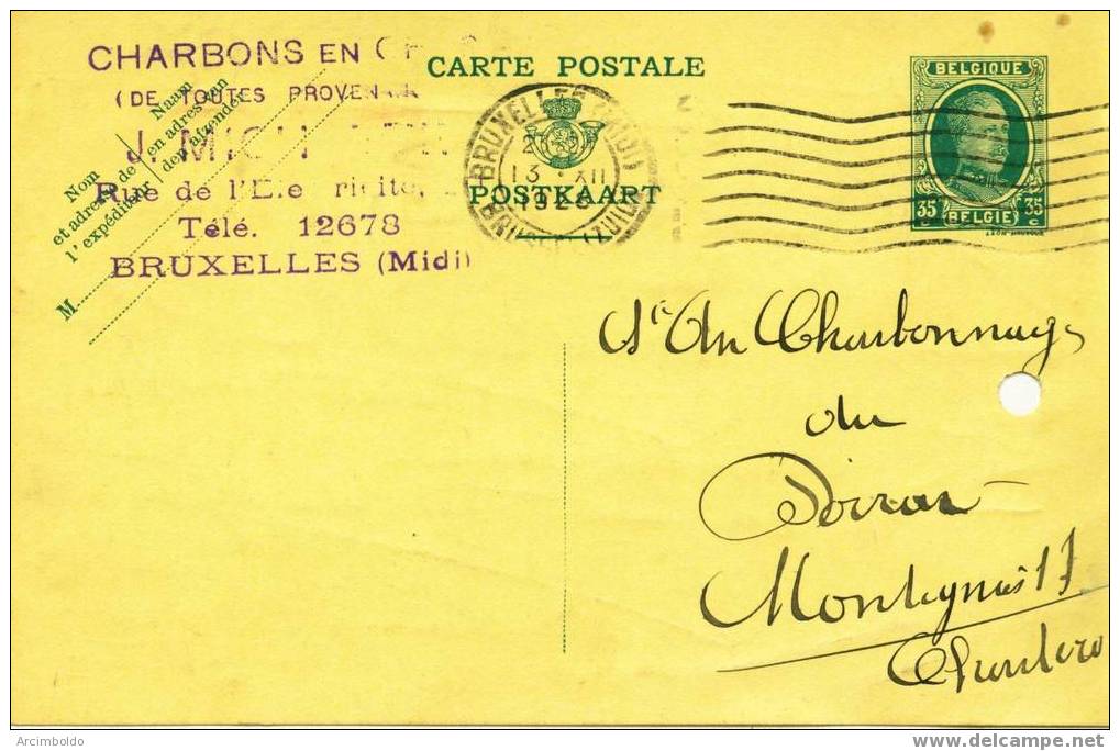 Entier De Bruxelles Vers Montignies-Sur-Sambre 1928 - Cachet Privé Charbons En Gros J.Michotte - Postcards 1909-1934