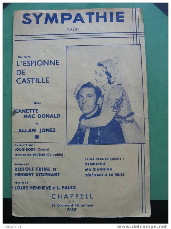 MUSIQUE & PARTITION SYMPATIE  VALSE FILM L'ESPIONNE DE CASTILLE  J MAC DONALD/ ALLAN JONES  1912 - Compositeurs De Comédies Musicales