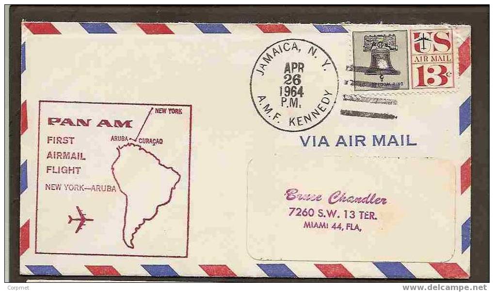 US PAN AM FIRST 1964 AIRMAIL FLIGHT NEW YORK - ARUBA - Reception In ORANJESTAD At Back - VF CACHETED COVER - Sonstige (Luft)
