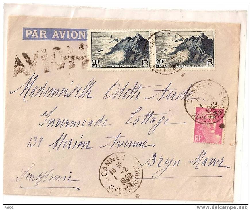 ALPES Mmes (06)  CANNES 1.2.1949 N°764 N°806     /ETATS-UNIS - 1927-1959 Brieven & Documenten