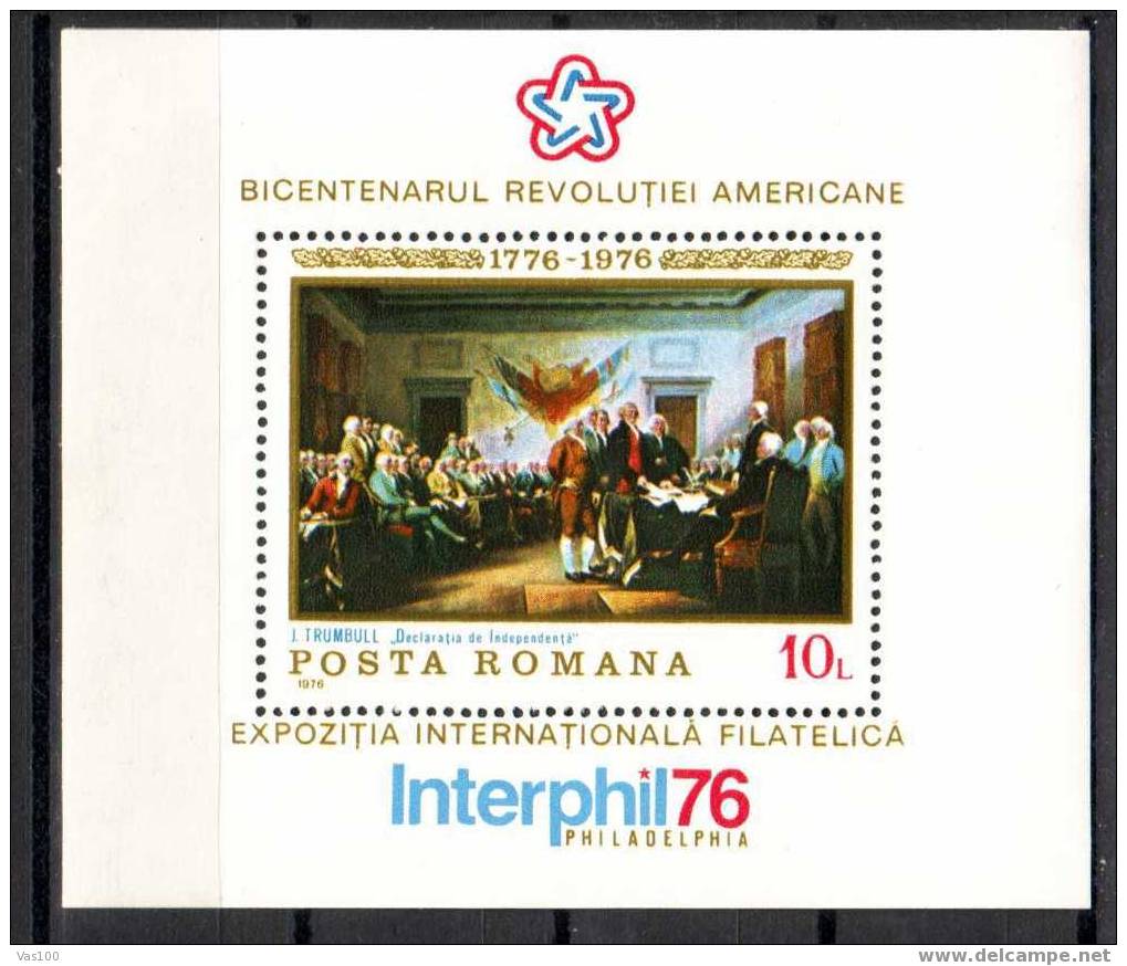 ROMANIA  1976 PAINTING AMERICAN BICENTENARE  **BLOCK   Mi  Nr.130,  MNH, OG. - Independecia USA