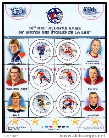 CANADA 2000, JOUEURS LIGUE DE HOCKEY, Feuillet De 6 Valeurs. RC - Hockey (sur Glace)