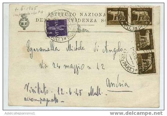 184)cartolina Con 4x5c. Imperiale+1£ Aerea Dabari Ad Andria Il 1-6-1945 - Marcophilie