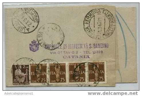 188)lettera Raccomandata Con 4x75c. Imperiale Aerea+2£ Democratica Da Catania Ad Augusta Il 21-3-1946 - Marcophilie