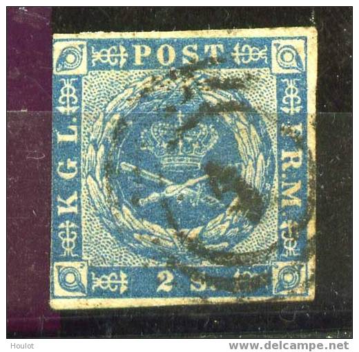 Danemark Mi. N°  3 Gestempelt 2 Skilling Blau Kroninsignien Im Lorbeerkranz Michelwert 50 €uro - Used Stamps