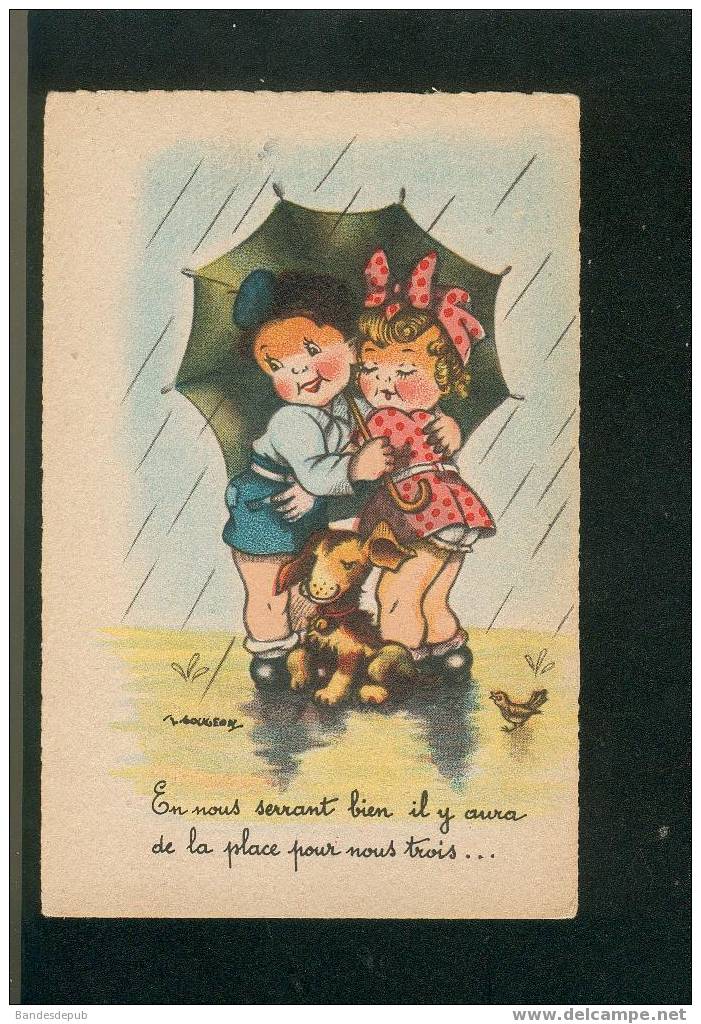 Gougeon Belle Carte Illustrée Thème  Enfant Parapluie Chien Amour à Trois ... - Gougeon