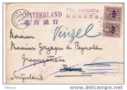 J201/ JAPAN -  Nice Cover, 5 Sen Definitives (Pair)1921, Switzerland (Bern, Vinzel)  Via America - Covers & Documents