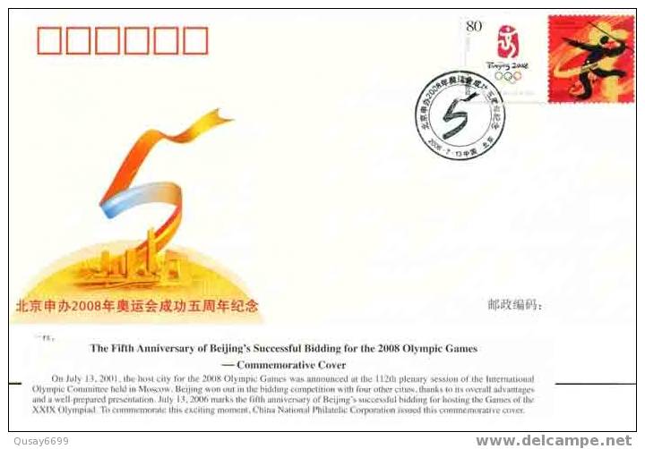 Beijing 2008 Olympic Games,The Fifth Anniversary Of Beijing’s Successful Bidding For The 2008 Olympic Games –Comm Cover - Ete 2008: Pékin