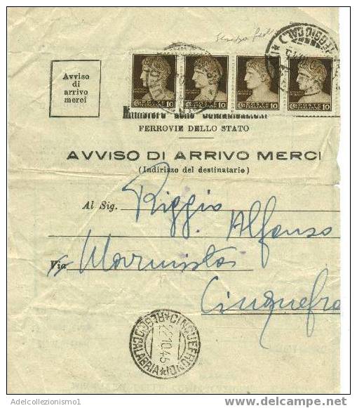 273)avviso Ricevimento Merci Con 4x10c. Imperiale Senza Fasci  Cinquefrondi  22-10-1945 - Poststempel