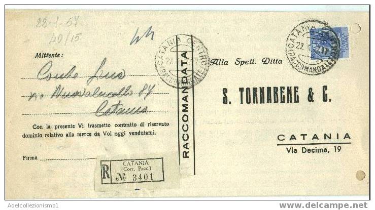 282)raccomandata Con 60£ Siracusana Da Catania Per Città Il 22-1-1957 - Poststempel