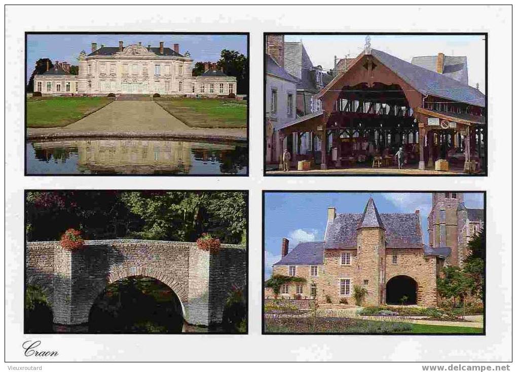 CPSM.CHATEAU DE CRAON .LES HALLES. LE VIEUX PONT LE PRIEURE DE ST CLEMENT. CRAON. - Craon