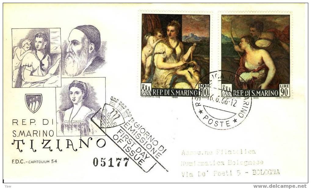 SAN MARINO FDC 1966 DIPINTI DEL TIZIANO. X 2 VIAGGIATE - Impressionismus