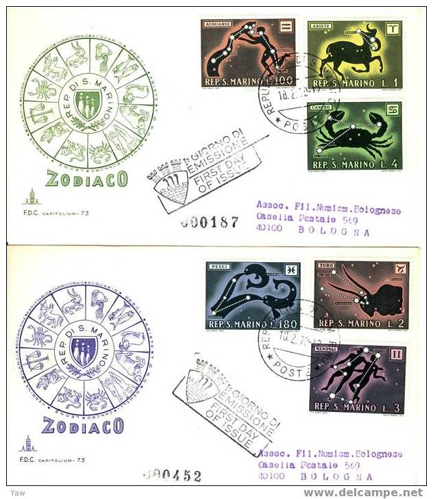 SAN MARINO  FDC 1970 SEGNI DELLO ZODIACO. X 4 VIAGGIATE - Astrologie