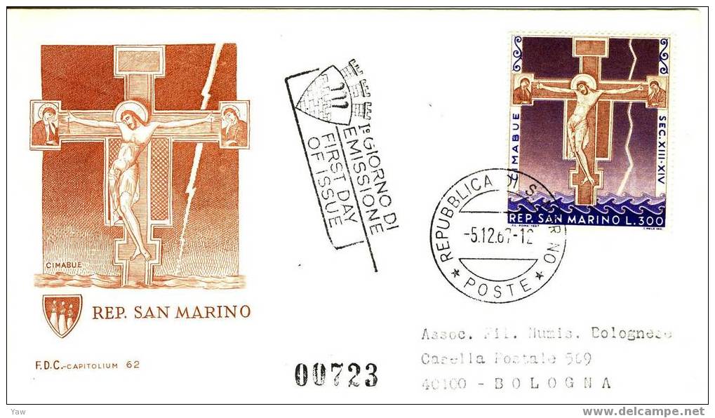 SAN MARINO FDC 1967  LA "CROCEFISSIONE" DEL CIMABUE. VIAGGIATA - Religieux