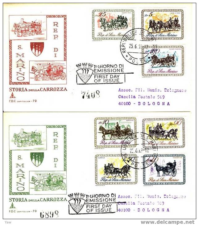 SAN MARINO FDC 1969 CARROZZE DELL´800. X 2 VIAGGIATE - Altri (Terra)