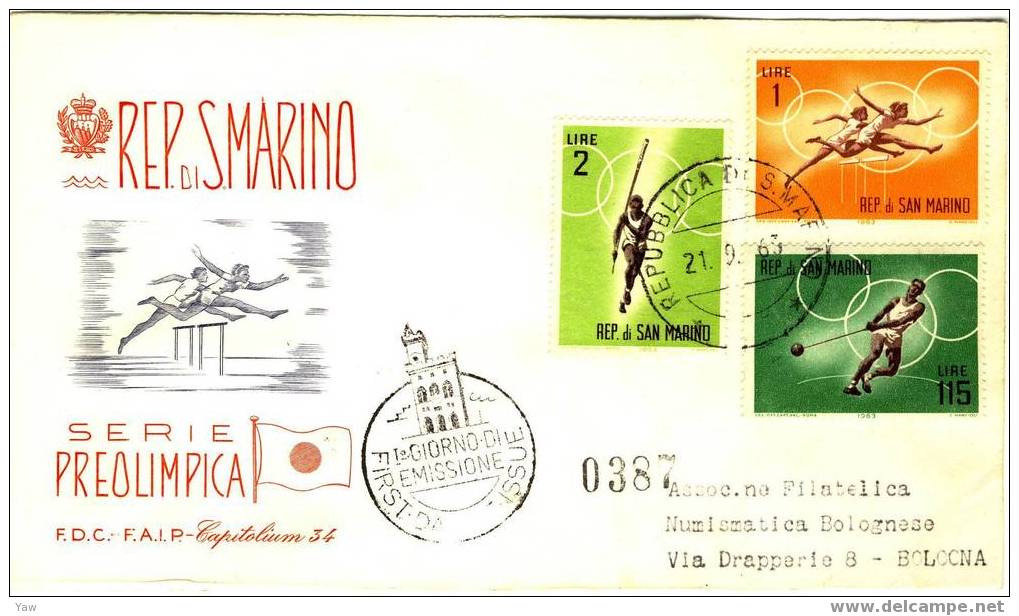 SAN MARINO FDC 1963 PREOLIMPICA DI TOKIO. X 3. SERIE COMPLETA, VIAGGIATE - Ete 1964: Tokyo