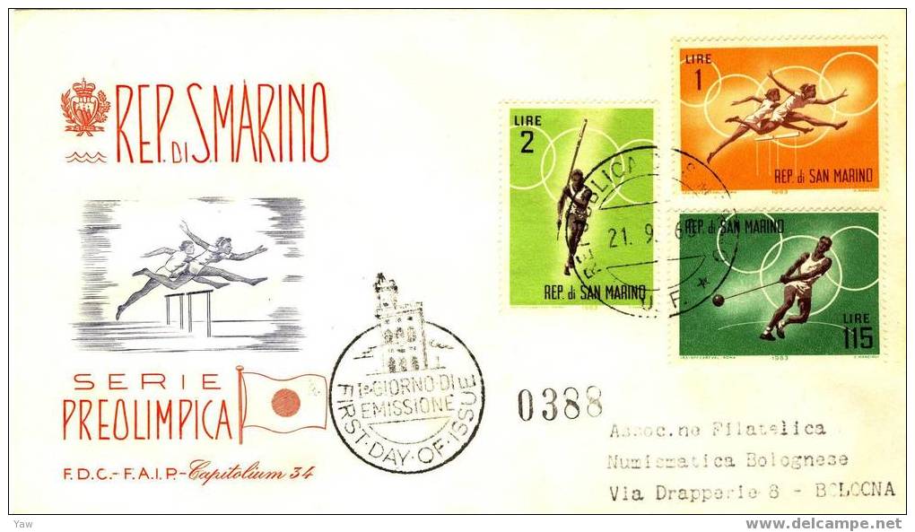 SAN MARINO FDC 1963 PREOLIMPICA DI TOKIO. X 3. SERIE COMPLETA, VIAGGIATE - Summer 1964: Tokyo