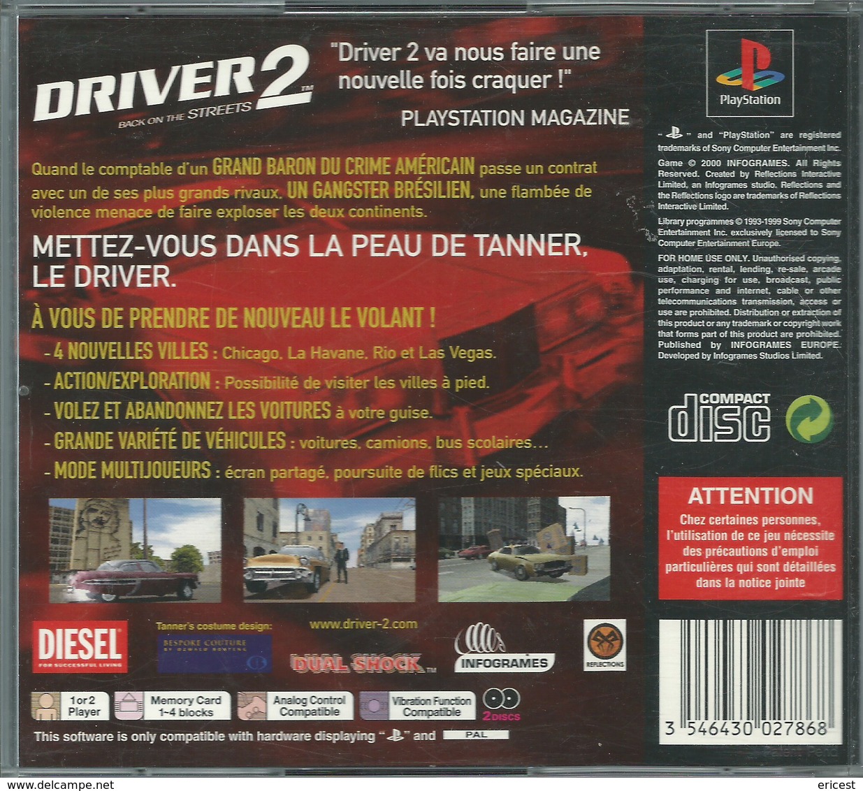 - JEU PS1 DRIVER 2 BON ETAT (2CD) - Playstation