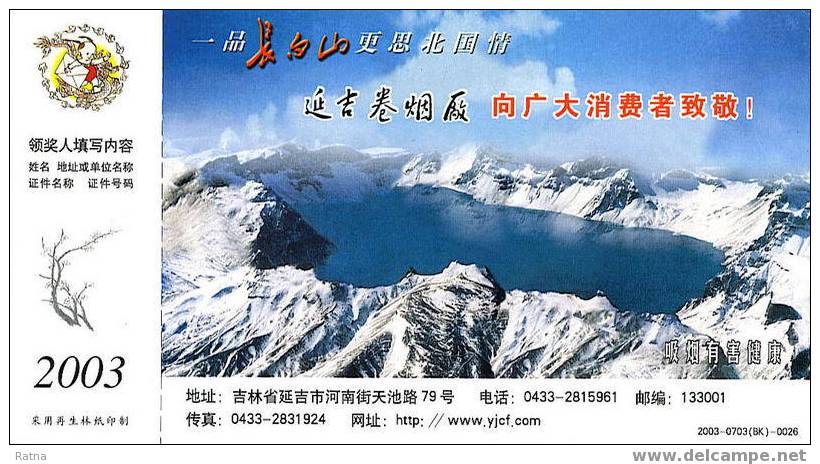 Chine : EP Entier Pub. Tombola Volcan Lac Cratere Neige Eau Crater Lake Mt Changbaishan Montagne Mountain Landscape - Vulkanen