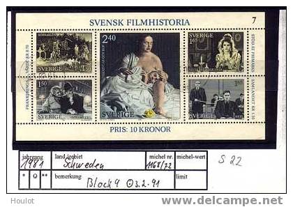 Schweden Mi. N° 1168/72  Block 9 Mit Nummer 7,gestempelt Vom 3.2.91  Geschichte Des Schwedischen Films - Blocs-feuillets