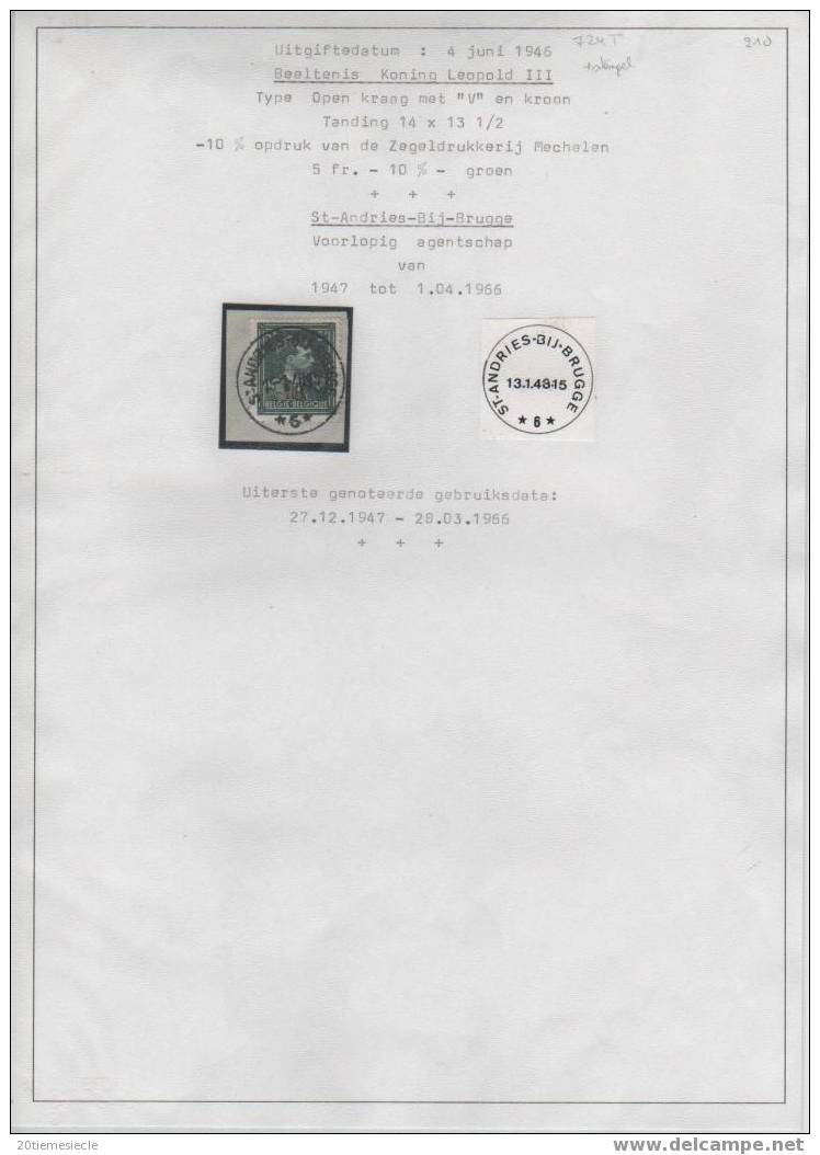 Belgique-Belgie Fragment 1948 ST.Andries-Bij-Brugge *6* Agence TP LéopoldIII Col Ouvert -10%   1097 - Lettres & Documents
