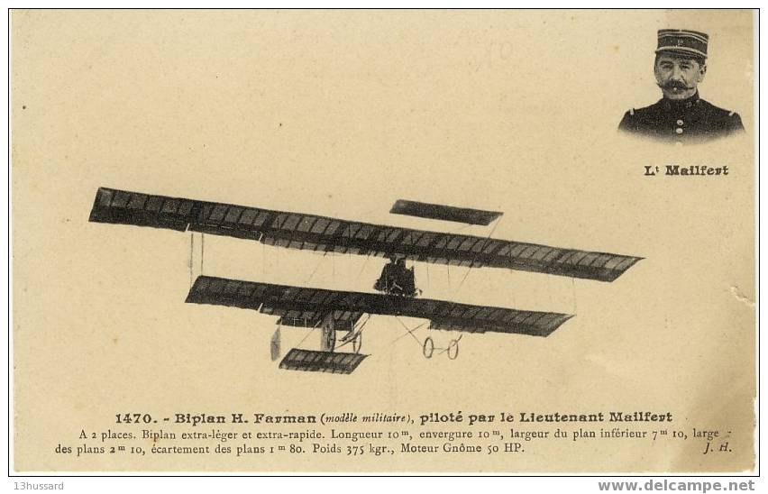 Carte Postale Aviation: Aviateur Lieutenant Malifert Sur Avion Biplan Farman Modèle Militaire - Warplane, Aviator - 1914-1918: 1st War