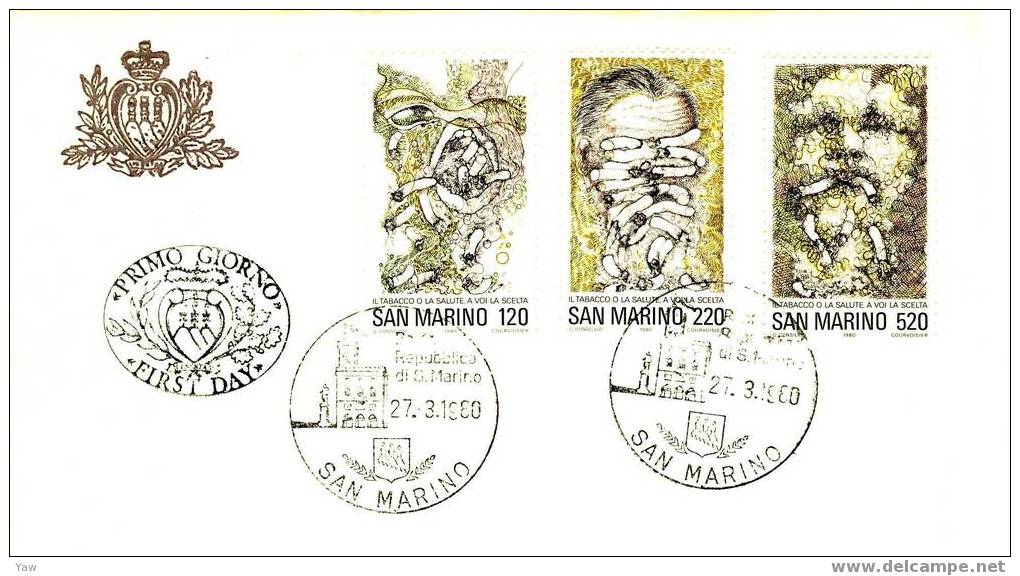 SAN MARINO FDC 1980 LOTTA CONTRO IL TABACCO, FUMO, TABAGISMO - Drogen