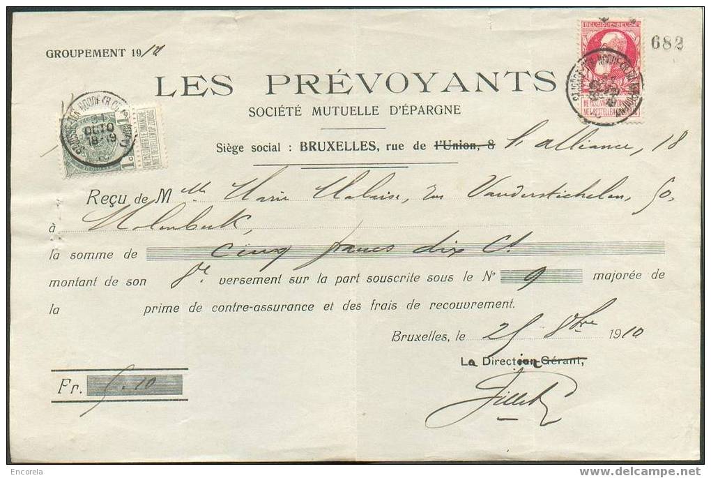 N°74-81 - Reçu Affranchi à 6 Centimes Obl. Sc St-Josse-ten-Noode (Rue Du Méridien) 31 Oct. 1910.  SUperbe - 2437 - 1905 Thick Beard