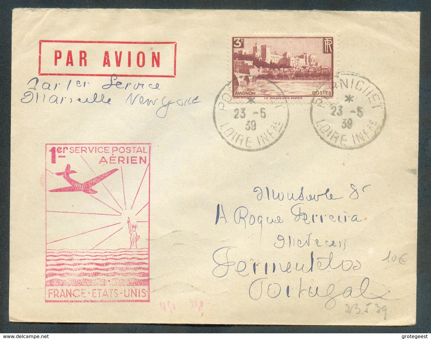 L. Affranchie à 3 Fr. Obl. Sc PORNICHET Du 23-5-1939 Vers Le Portugal Via Paris + Gr. 1er Service Aérien - 2485 - 1927-1959 Storia Postale