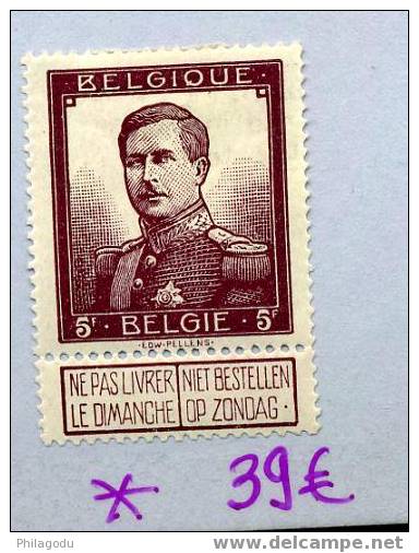 Roi Albert Ier   122* Centrage Parfait   Propre Charnière Cote 100 E - 1912 Pellens