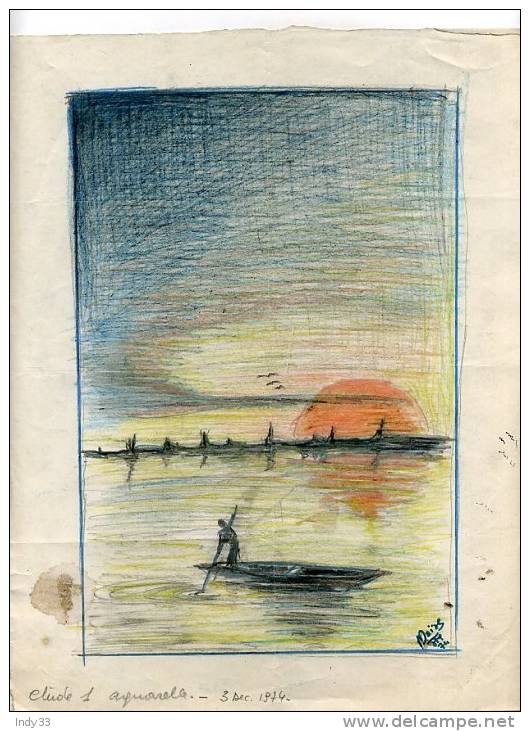 - DESSIN EN COULEURS . BARQUE AU COUCHER DE SOLEIL SIGNE ET DATE . AU DOS DESSIN AU CRAYON - Dessins