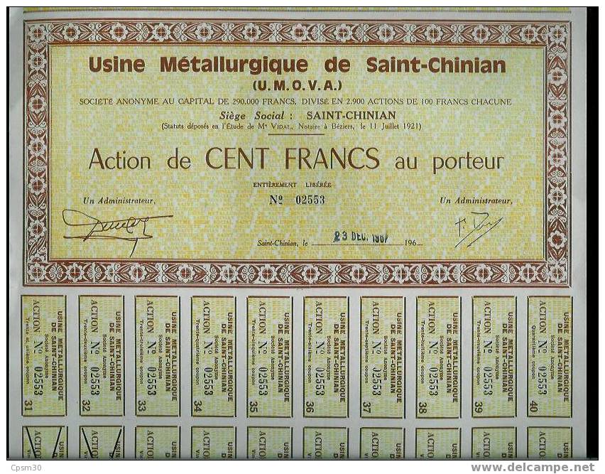 Action (deux Diff De 1922 Et 1967) De 1000, 3 000, 10 000 Francs, Usine Métalurgique De St Chinian 34 (Hérault) - Bergbau