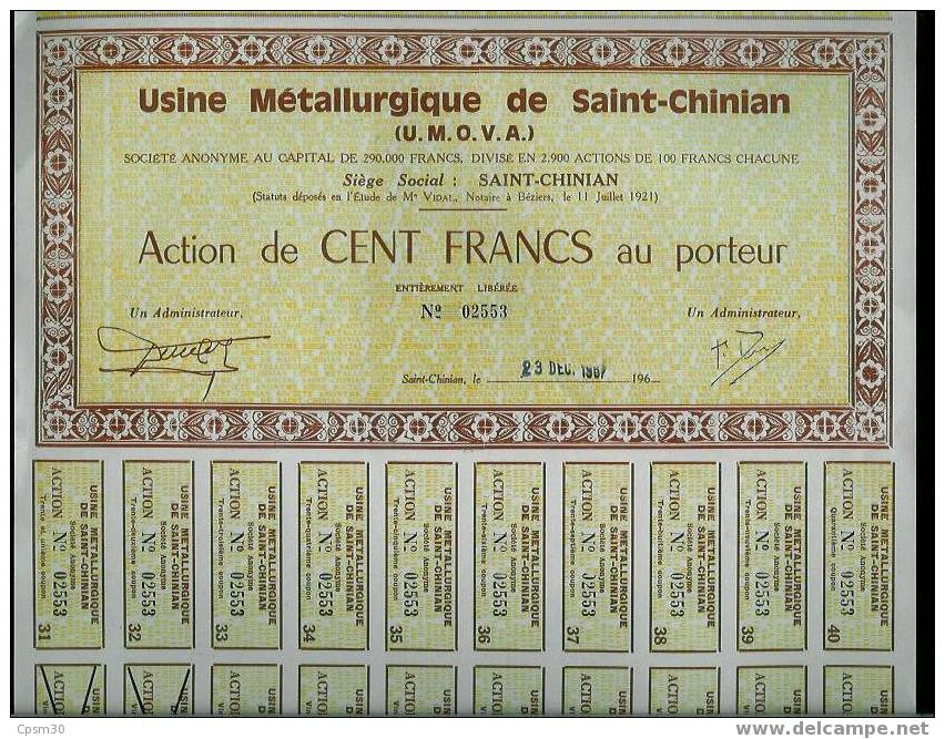 Action (deux Diff De 1922 Et 1967) De 1000, 3 000, 10 000 Francs, Usine Métalurgique De St Chinian 34 (Hérault) - Mines