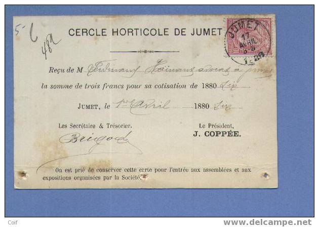 46 Op Recu Cotisatio (lidkaart) CERCLE HORTICOLE DE JUMET, Met Cirkelstempel JUMET - 1884-1891 Léopold II