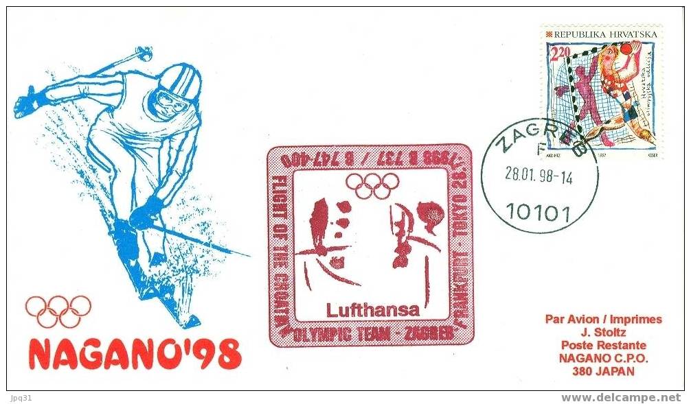 Carte Vol Spécial Lufthansa Zagreb Frankfort Tokyo (Nagano) 28/01/98 - Jeux Olympiques De Nagano - Croatie - Hiver 1998: Nagano