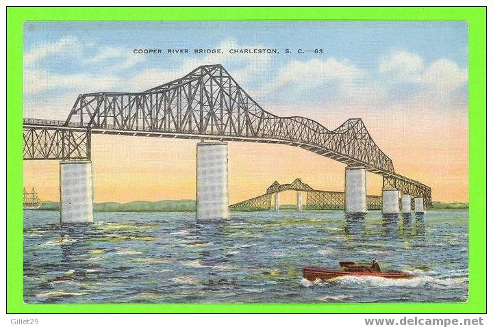 CHARLESTON, SC  - COOPER RIVER BRIDGE - ANIMATED WITH BOAT - F.J. MARTSCHINK CO - - Charleston