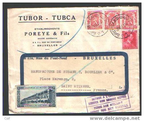 423+528 Op Brief Met Stempel BRUSSEL Op 20-6-43 Naar Saint-Etienne (France) Met Stempel SERVICE NON ENCORE REPRIS !! - 1936-1957 Offener Kragen