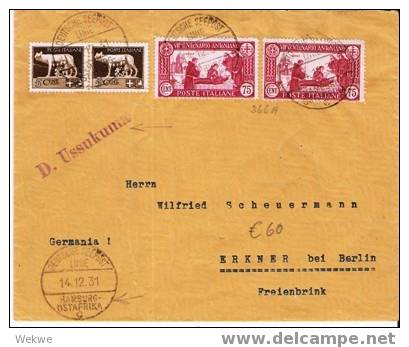 W-See005/ Dt.-Seepost, Hamburg-Ost-Afrika, 1931, Ital. Frankatur N. Erkner - Sonstige & Ohne Zuordnung