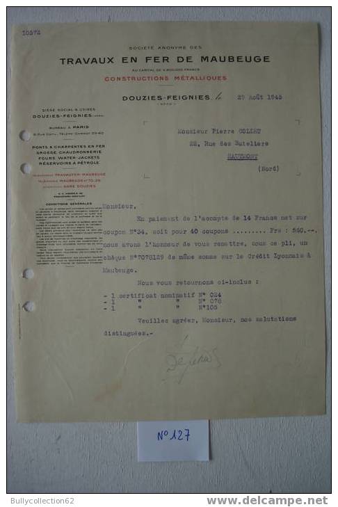 Lettre De La Société Anonyme Des Travaux En Fer De Maubeuge, Constructions Métalliques, à Douzies-Feignies (Nord) - Autres & Non Classés