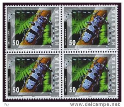 2002 (Zumstein 1063) Dauermarken Insekten - Alpenbockkäfer, Viererblock ** - Unused Stamps