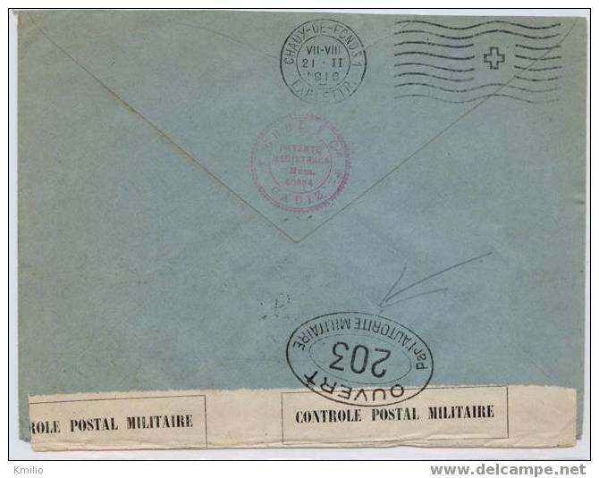 1916, I Guerra Mundial Carta De Cádiz A Suiza Censura Militar - Storia Postale