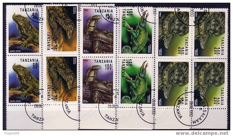 REPTILES- THEMATIKA -TANZANIE SERIE COMPLETE DE 5 TIMBRES EN BLOC DE 4 - Serpents