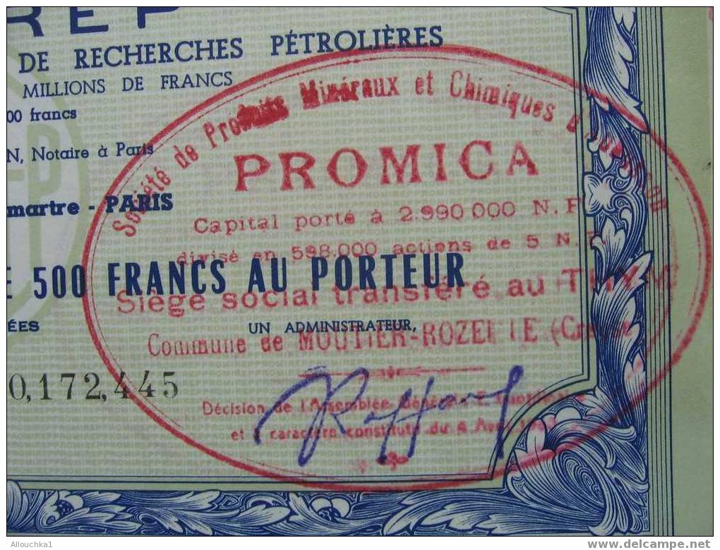 ACTION & TITRE PROMIREP SOCIETE DE PROSPECTIONS MINIERES & DE RECHERCHES PETROLIERES PRODUITS MINERAUX & CHIMIQUES 56 - Mijnen