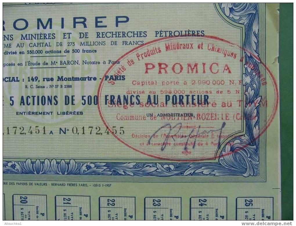 ACTION & TITRE PROMIREP SOCIETE DE PROSPECTIONS MINIERES & DE RECHERCHES PETROLIERES PRODUITS MINERAUX & CHIMIQUES 56 - Miniere