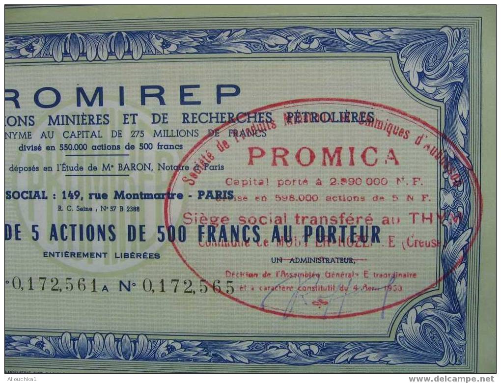 ACTION & TITRE PROMIREP SOCIETE DE PROSPECTIONS MINIERES & DE RECHERCHES PETROLIERES PRODUITS MINERAUX & CHIMIQUES 56 - Mines