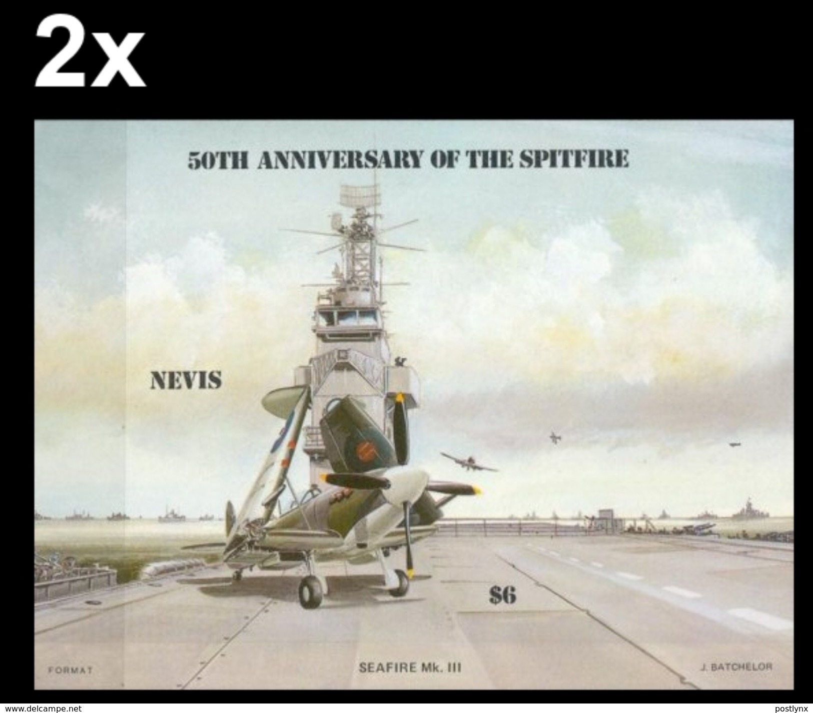Bulk:2 X  NEVIS 1985, Spitfire Airplanes Warship Navy Naval $6, IMPERF Sheetlet [non Dentelé,Geschnitten,no Dentado] - St.Kitts E Nevis ( 1983-...)